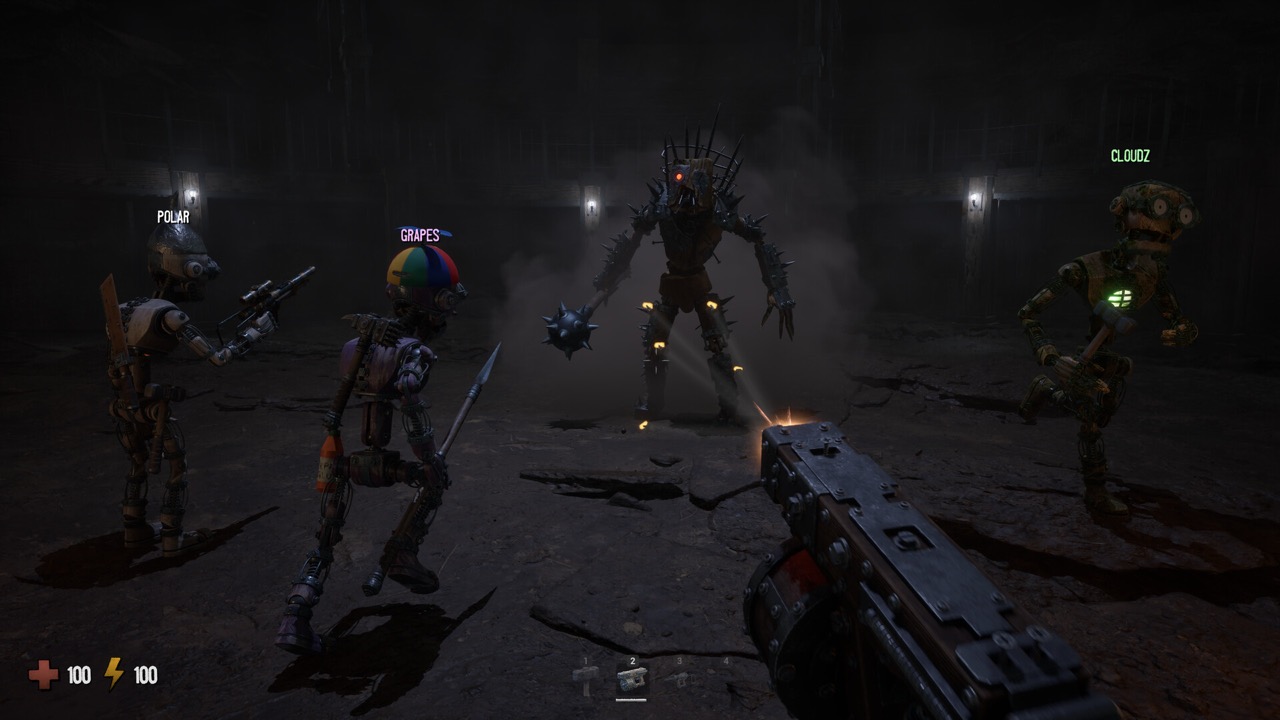 Four players facing a giant spiked Corrupted — GRAIN ROT co-op gameplay