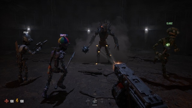 Four players facing a boss-tier spiked Corrupted — GRAIN ROT screenshot
