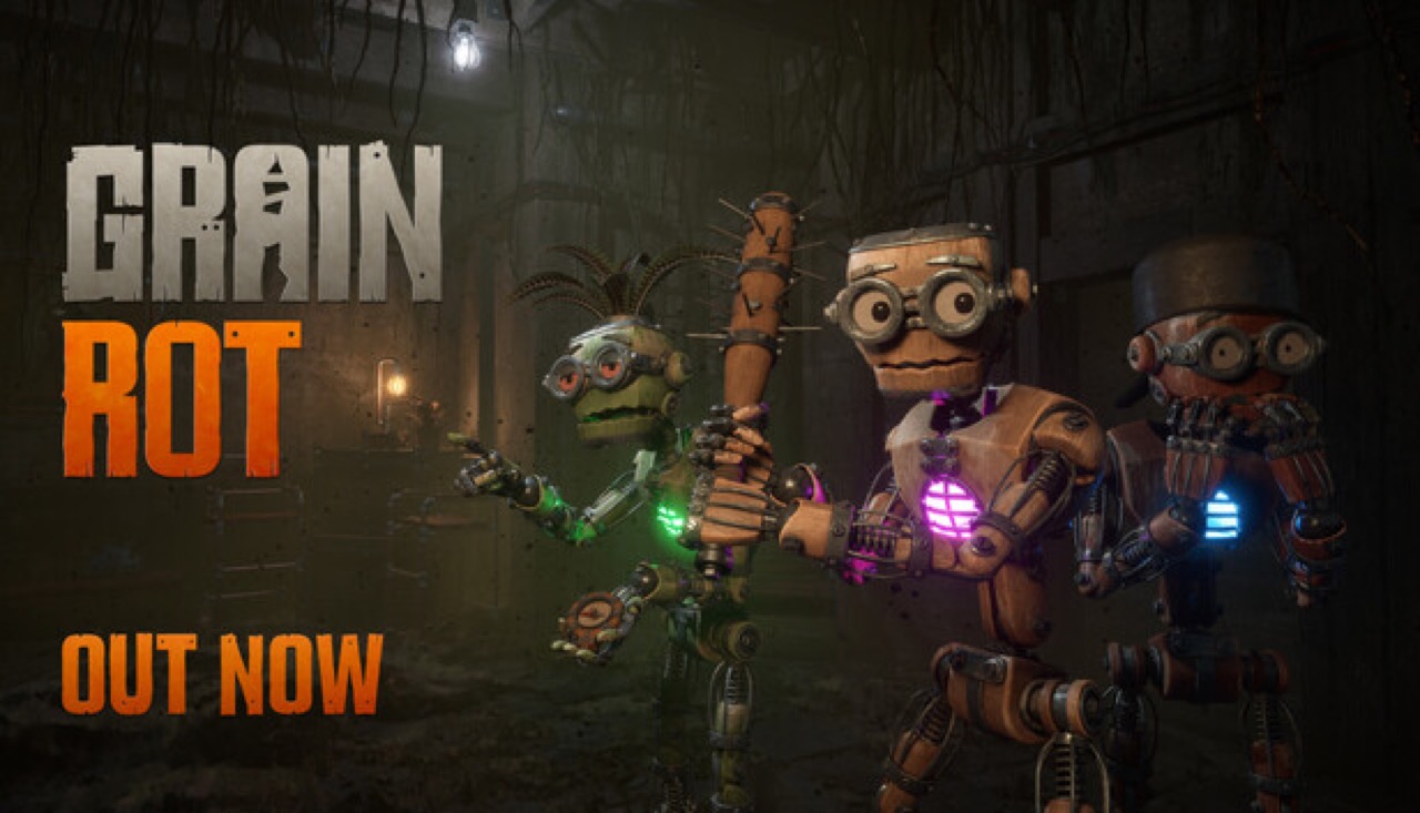 GRAIN ROT official key art — wooden vessels with glowing cores in the shifting ruins