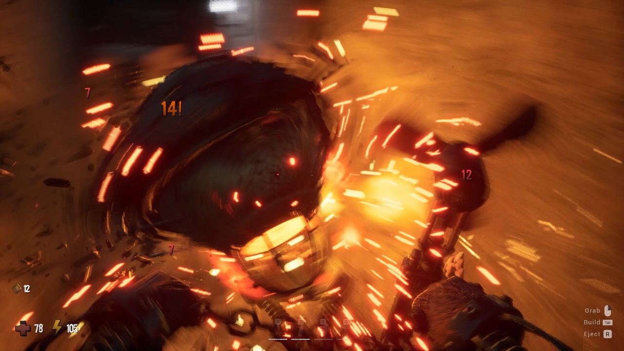 Melee combat against a Corrupted vessel with damage numbers — GRAIN ROT gameplay